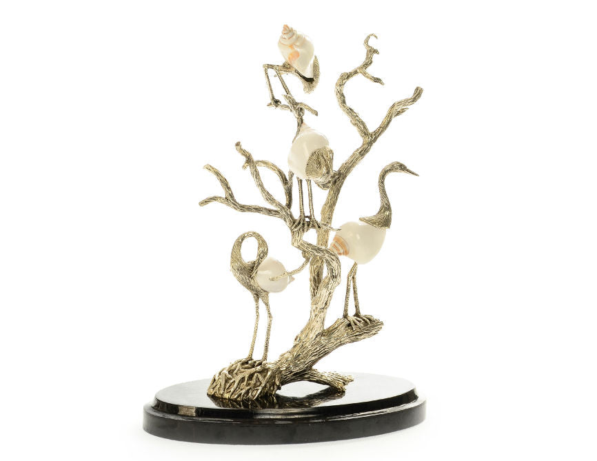 Silver-Plated Herons on Shell Tree