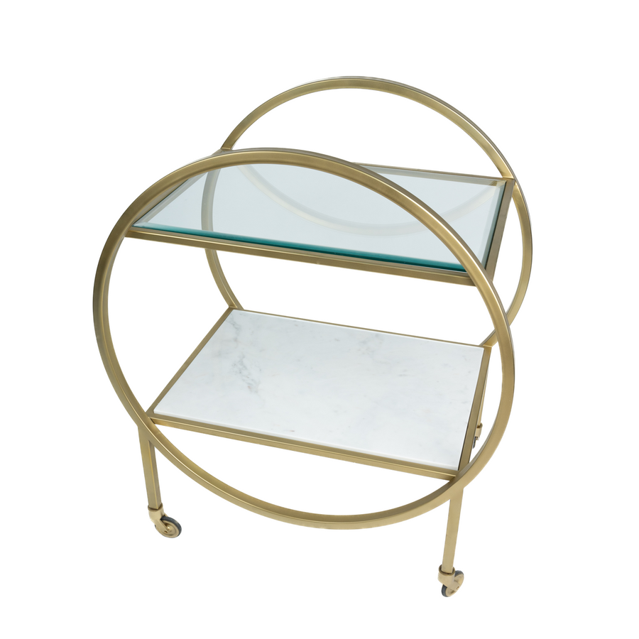 Deco Bar Cart with Glass & White Marble Shelves