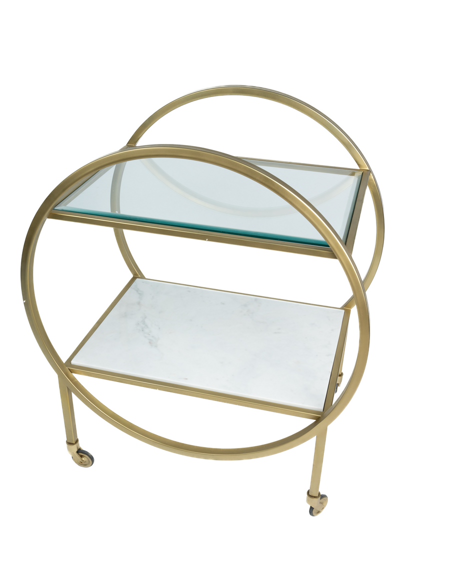 Deco Bar Cart with Glass & White Marble Shelves