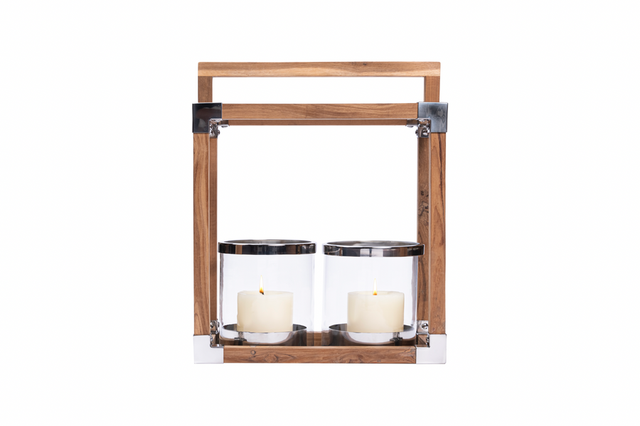 Double-Votive Teak Wood Lantern