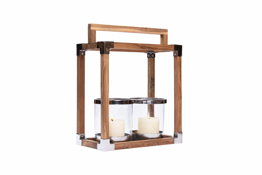 Double-Votive Teak Wood Lantern