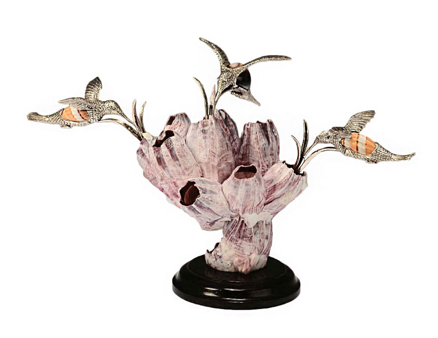 Silver-Plated Hummingbirds on Barnacle Shell