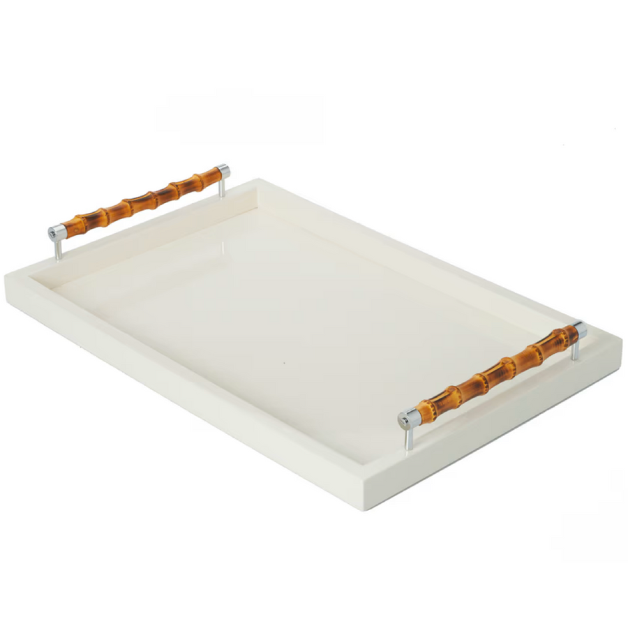 Lacquered Tray with Bamboo Chrome Handles White