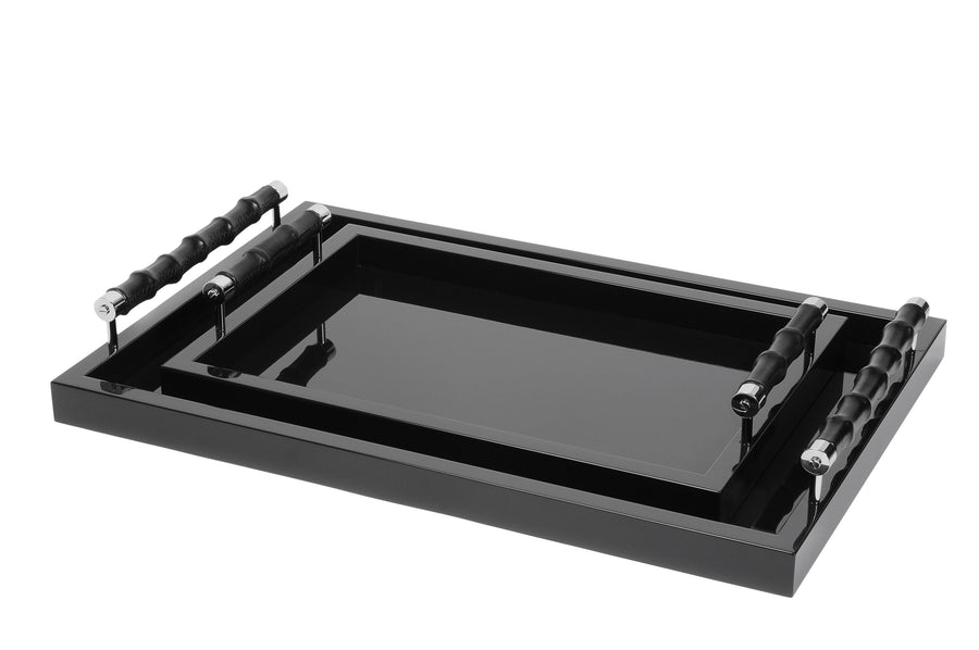 Lacquered Tray with Leather Bamboo Chrome Handles Black