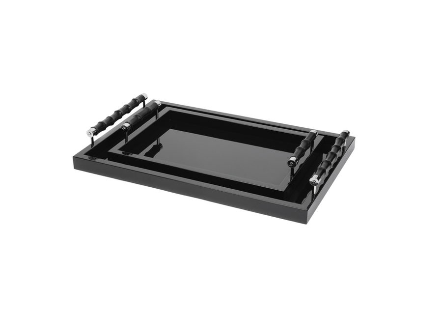 Lacquered Tray with Leather Bamboo Chrome Handles Black