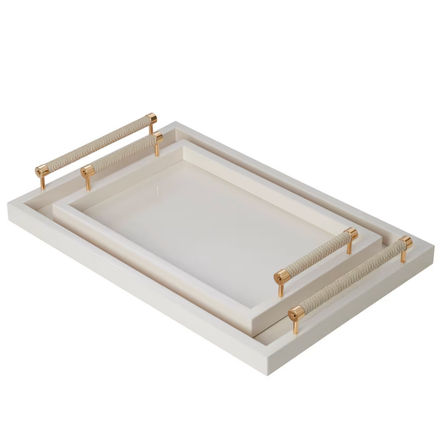 Lacquered Tray with Leather Gold Handles White